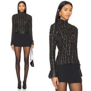 Cinq à Sept Cooper Smocked Turtleneck Top Black Bronze Metallic Size M